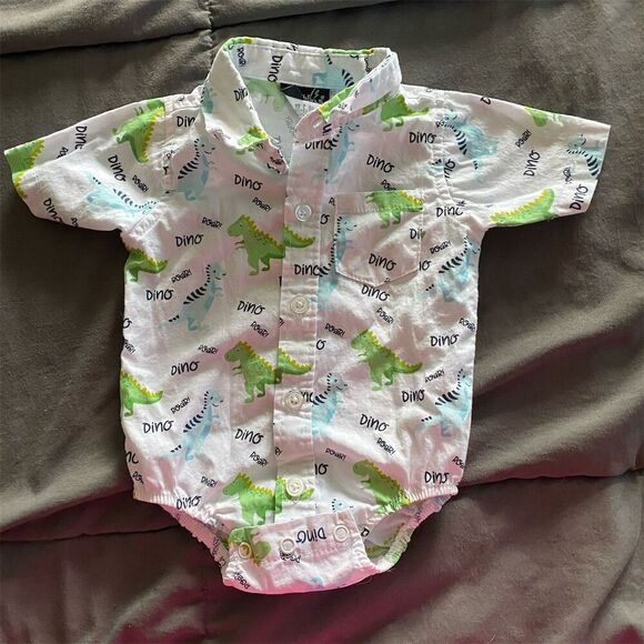 Little Rebels  Unisex Dinosaur Print Button Down Baby Bodysuit Multicolor - Picture 1 of 4